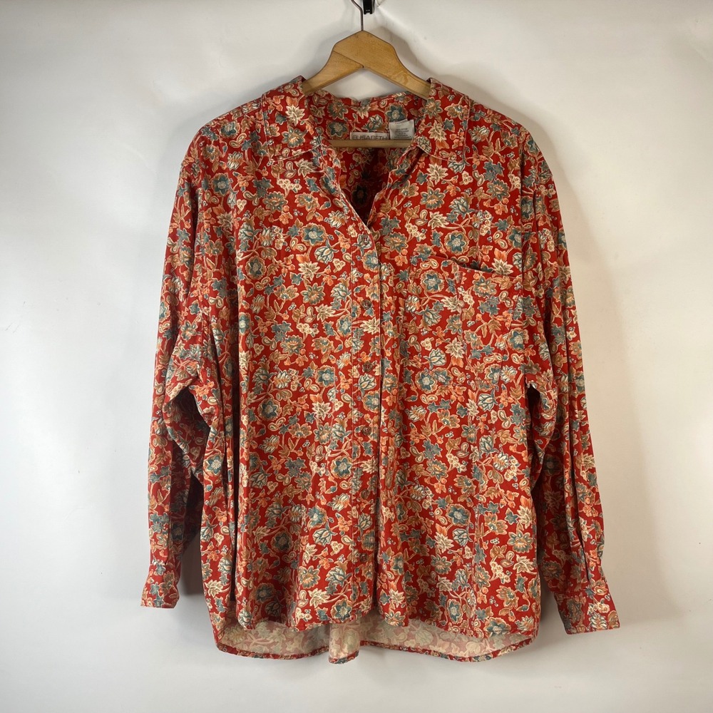 Elisabeth Button Down Shirt Women 22 Red Floral Paisley Cotton Liz Claiborne